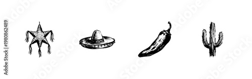 Traditional Mexican Culture Elements and Celebration Objects with Hand-Drawn Inky Doodle and Fluid Stroke Aesthetic