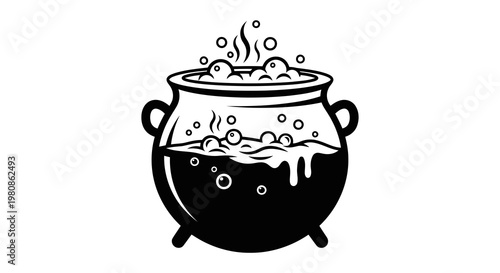 boiling cauldron with bubbling potion and steam for halloween concept