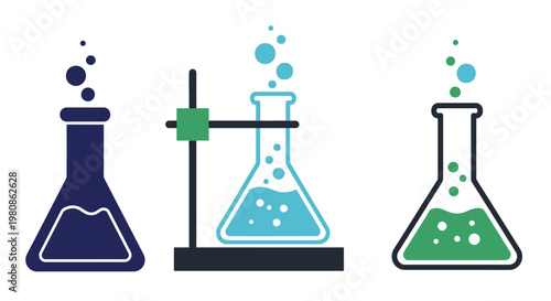 Three Laboratory Flasks with Colored Liquids and Bubbles on White Background