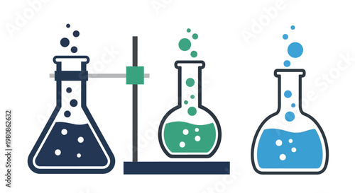 Laboratory Flasks with Bubbling Liquids on Stand for Chemical Reaction