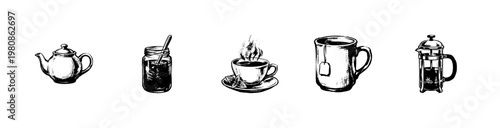 Tea Time and Breakfast Cafe Essentials with Hand-Drawn Inky Doodle and Fluid Calligraphic Outlines