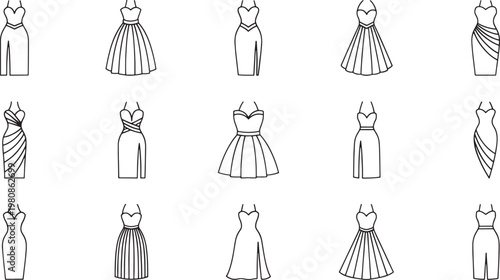 Black and white fashion silhouettes of women in dresses and gowns in various poses