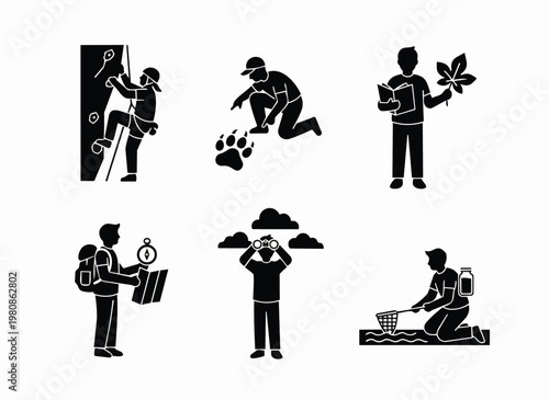 Outdoor activity icons showing rock climbing tracking wildlife birdwatching map reading and fishing for adventurers.