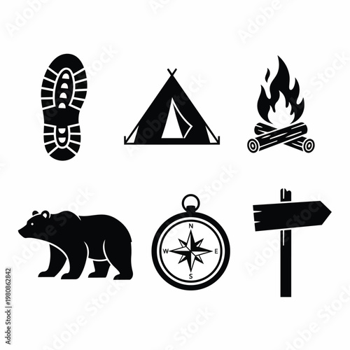 Set of camping and hiking icons including boot print tent campfire bear compass and signpost for outdoor adventure.