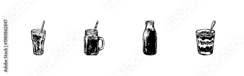 Healthy Fruit Smoothies and Nutritious Blended Drinks in Hand-Drawn Inky Brush Style