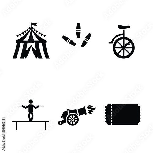 Circus theme icons including big top tent, juggling pins, unicycle, tightrope walker, cannon, ticket.