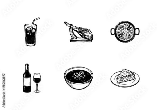 Spanish Cuisine and Traditional Tapas Food Elements with Hand-Drawn Inky Doodle and Fluid Sketchy Aesthetic