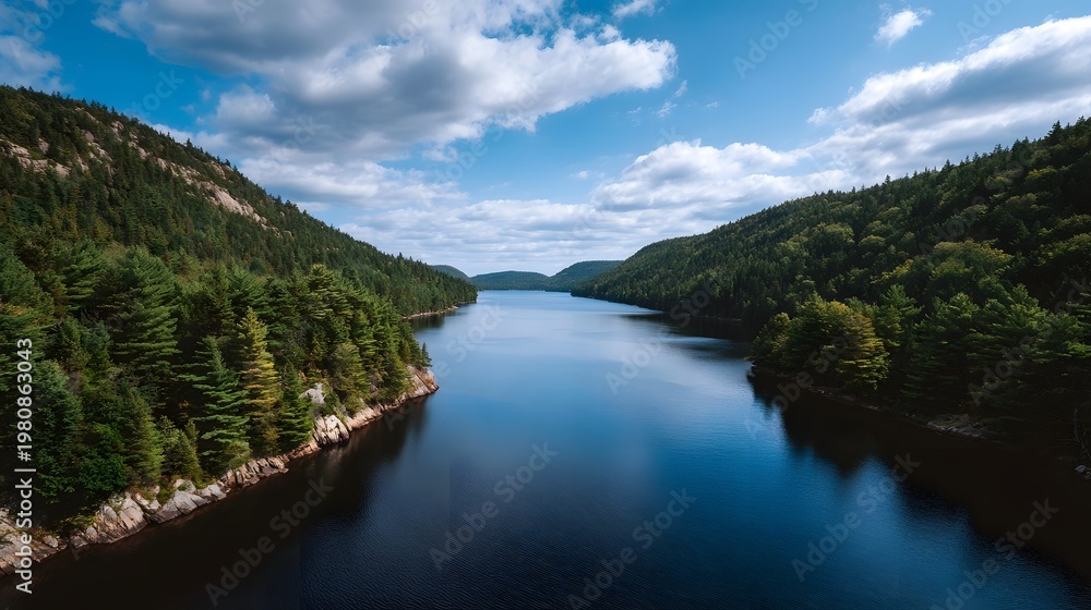 Obraz premium A serene panoramic view of a wide river winding through dense forested mountains under a cloudy blue sky