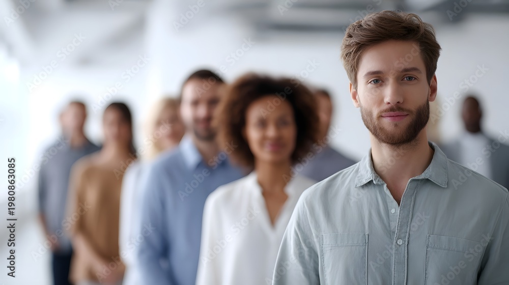 Fototapeta premium A professional man poses in the foreground against the blurred backdrop of a diverse team engaged in collabo n