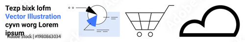 Pie chart with styling elements, shopping cart, and cloud represent data analysis, e-commerce, and cloud technology. Ideal for analytics, retail, business, technology startups strategy simple