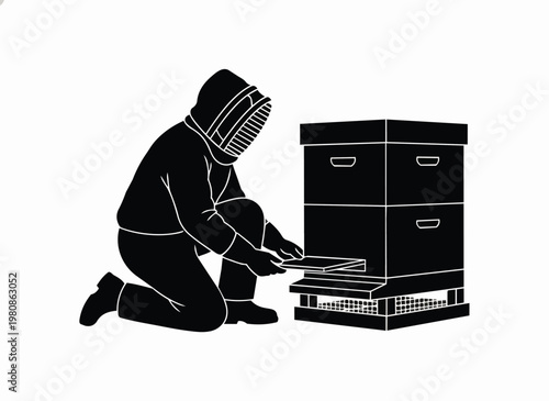 Beekeeper in protective clothing tending to beehive inspecting frames and managing colony for honey production.