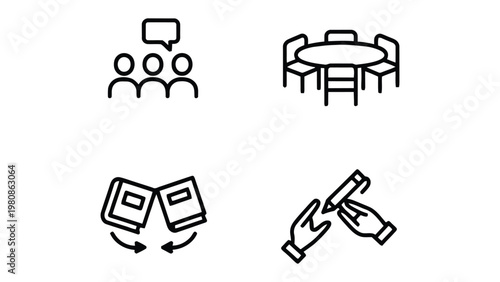 Iconic Representation of Interaction: A collection of minimalist illustrations symbolizes diverse aspects of communication and collaboration, including group discussions, roundtable meetings.