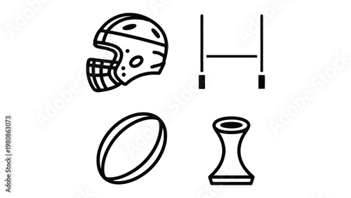 Rugby Elements Illustration: An abstract collection of rugby elements: a helmet, a ball, a pair of goalposts and tee ready for use.