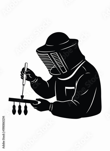 Beekeeper wearing protective suit and veil working with honeycomb frame and queen bee catcher tool for apiary management.