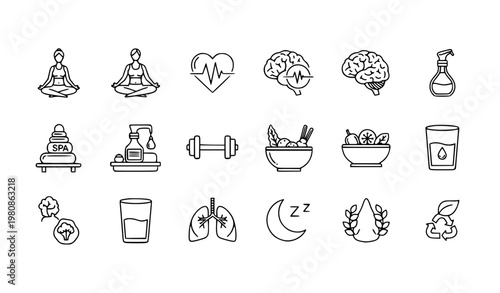 Minimal wellness outline icons collection with health mindfulness yoga fitness and self care vector symbols