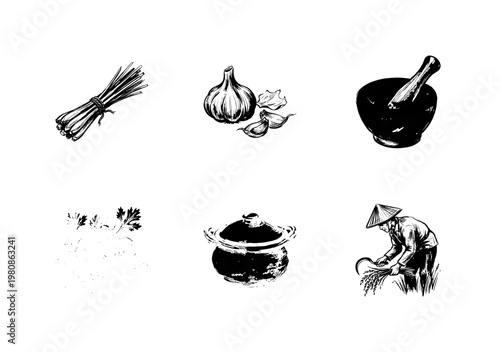 Thai Cuisine Cooking Ingredients and Kitchenware with Fluid Engraving Style and Hand-Drawn Sketchy Style