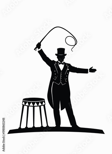 Circus ringmaster silhouette with top hat and whip stands on stage next to stool.
