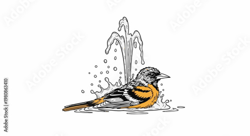 Bird bathing in a fountain with splash and water droplets