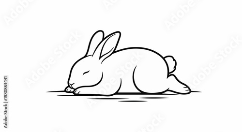 Black and white outline drawing of a sleeping rabbit resting on a surface