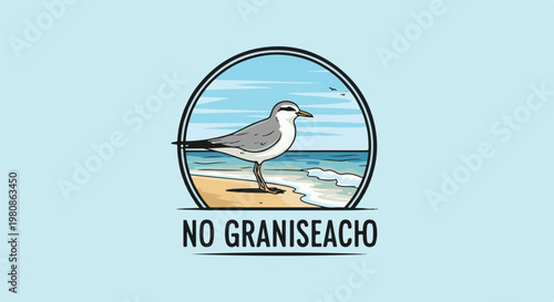 Bird on a beach within a circle, with text below