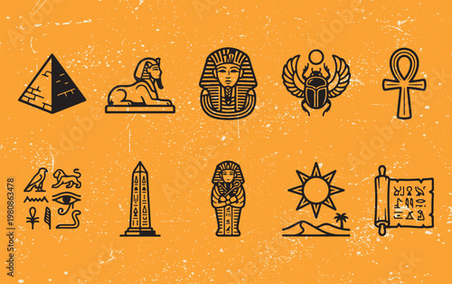 Collection of 10 Minimalist Ancient Egyptian Icons Pyramid, Sphinx, Pharaoh Mask, Scarab, Ankh, Hieroglyphs, Obelisk, Mummy Sarcophagus, Desert Sun, and Papyrus Scroll Vector Symbols.