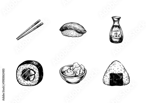Japanese Sushi and Seafood Cuisine Design Elements with Hand-Drawn Inky Doodle and Organic Sketchy Outlines