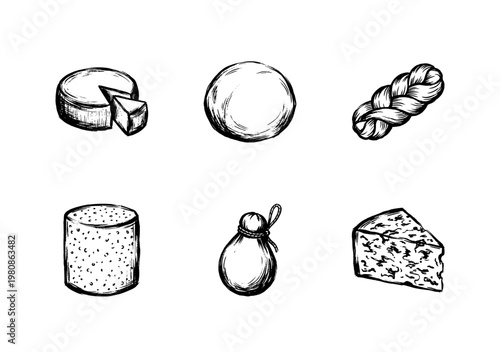 Authentic Italian Cheese Varieties and Gourmet Dairy Products in Hand-Drawn Inky Brushstroke Style