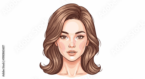Artistic rendering of a woman's face with flowing brown hair and soft makeup