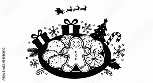 Black and white Christmas-themed illustration with gingerbread cookies, gifts, and festive symbols