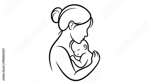 Minimalist Mother and Baby Line Art Illustration, Nurturing Maternal Love and Infancy Concept