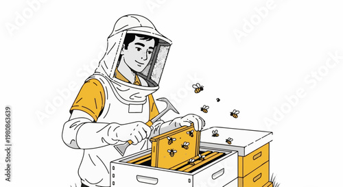 Beekeeper in protective suit tending to bees and hives