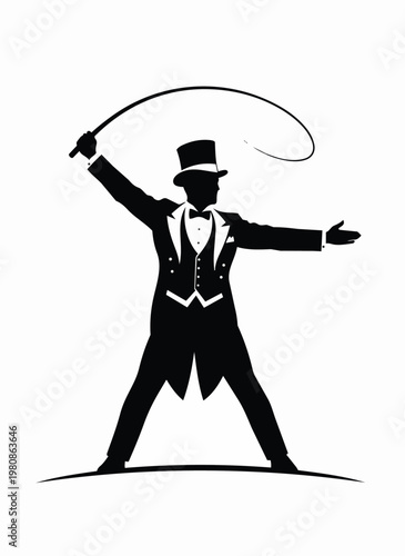 Ringmaster in tuxedo with whip in hand on white background.