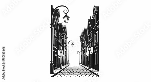 Black and white drawing of a cobblestone street between old buildings with lampposts