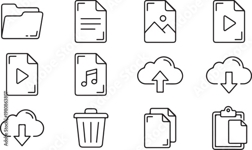 Minimalist Digital File and Document Management Icon Set Featuring Document, Folder, Cloud Storage, Video, Audio, Trash, and Clipboard Line Art Illustrations for Web and UI Design