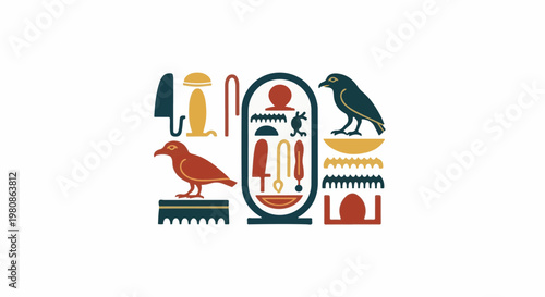 Ancient Egyptian hieroglyphs featuring birds, symbols, and a cartouche