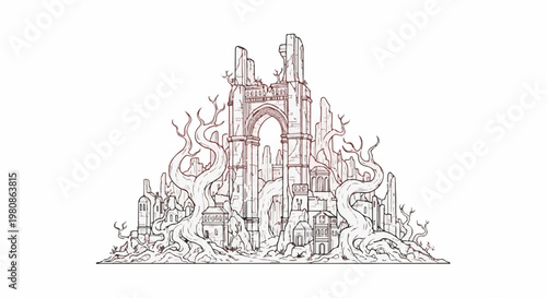 Ancient, overgrown ruins with an archway and twisted trees