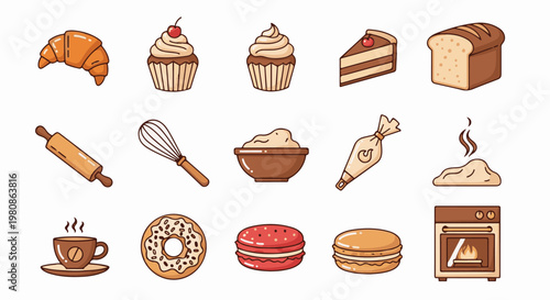 Assorted baked goods, cooking tools, and a hot oven in a cartoon style