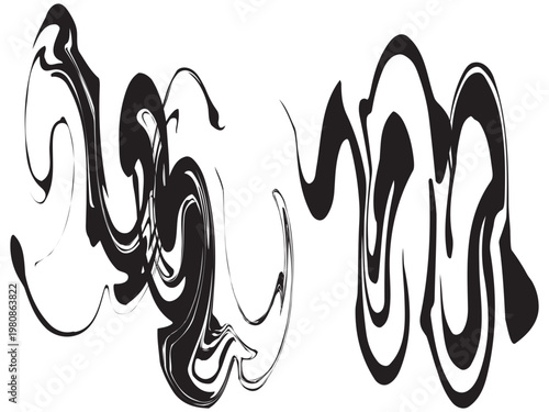 Abstract black and white swirling shapes resembling fluid forms dominate this modern digital artwork high quality
