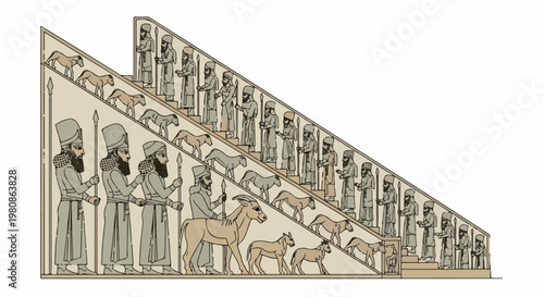 Ancient relief depicting procession of figures and animals on stairs