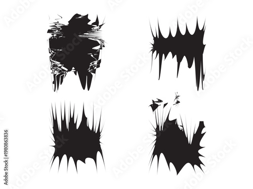 Four abstract black shapes resembling cracks or shattered glass against a stark white background high quality