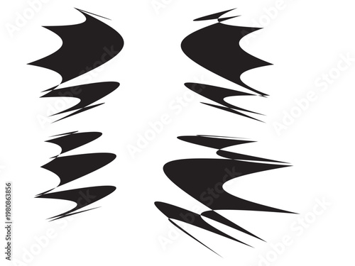 Abstract black shapes resembling stylized sails or wings are arranged vertically on a white background