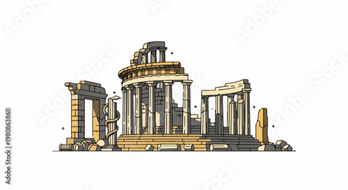 Ancient ruins with columns, stone fragments, and a serpent motif