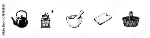 Rustic Kitchenware and Traditional Cooking Utensils with Fluid Engraving Style and Hand-Drawn Sketchy Style