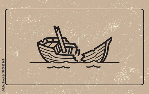 Minimalist Line Art Illustration of a Broken Wooden Shipwreck or Sunken Boat Vessel in the Ocean Waves.
