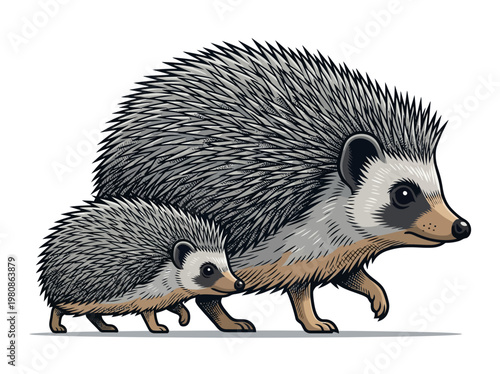 Cute Hedgehog Mother and Baby Illustration, Stylized Wildlife Vector Art, Parent and Child Animals Walking Together, Isolated on White Background