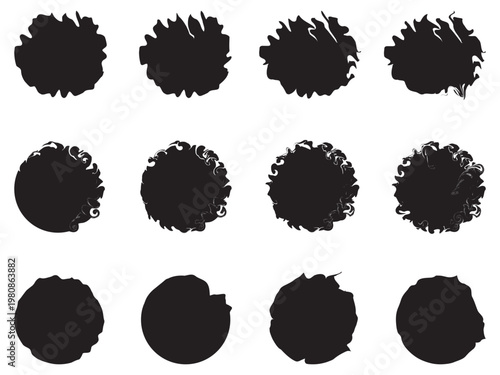 Abstract black ink blots and shapes create a minimalist textural composition on a white background