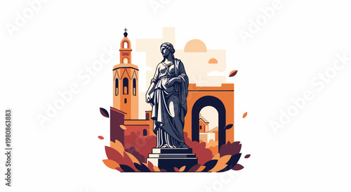Ancient statue stands before a bell tower and arched gateway in autumn colors