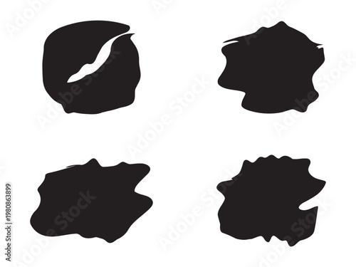 Four abstract black shapes are arranged on a stark white background exhibiting organic and irregular forms