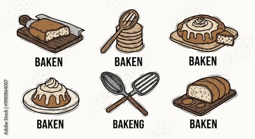 Assortment of baked goods and baking utensils displayed in a grid