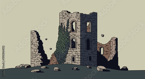 Ancient stone ruin with arched windows, overgrown with ivy, scattered rocks